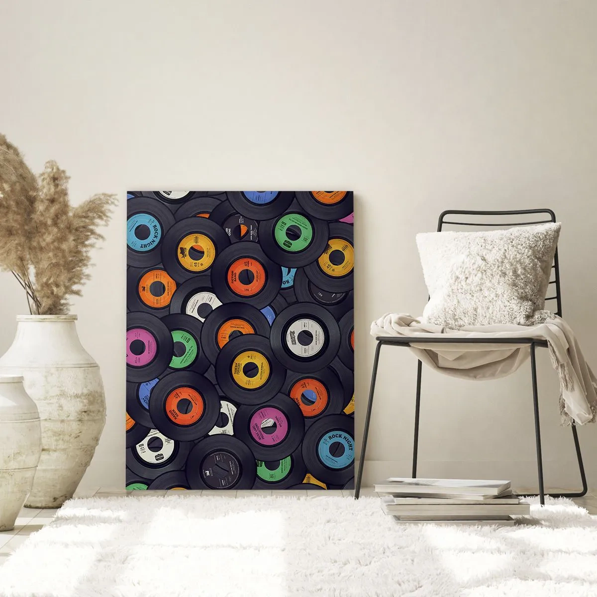 Obraz na szkle - Kolorowe płyty winylowe na czarnym tle - 50x70cm - Kolory klasyki - Nowoczesna dekoracja ścienna do salonu, kuchni i sypialni ARTTOR