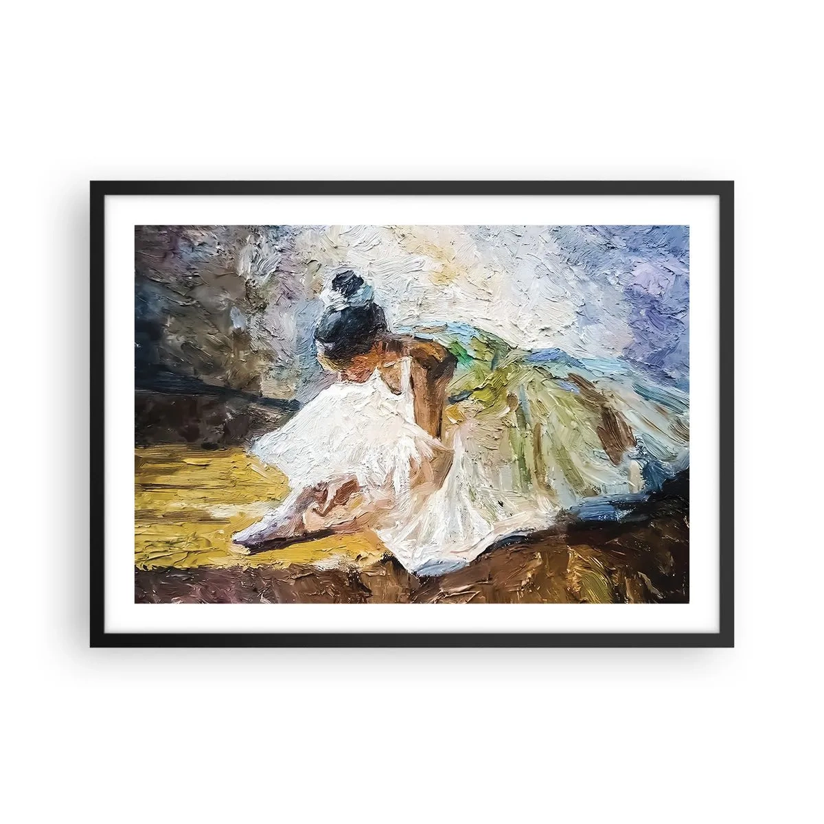 Plakat w czarnej ramie - Balerina w białej sukni w malarskim stylu na tle impresjonistycznym - 70x50cm - Z obrazu Degasa - Nowoczesna dekoracja ścienna do salonu i sypialni ARTTOR
