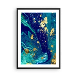 Plakat w czarnej ramie - Abstrakcyjny wzór w odcieniach niebieskiego i złota - 50x70cm - Płatki słońca  - Nowoczesna dekoracja ścienna do salonu i sypialni ARTTOR
