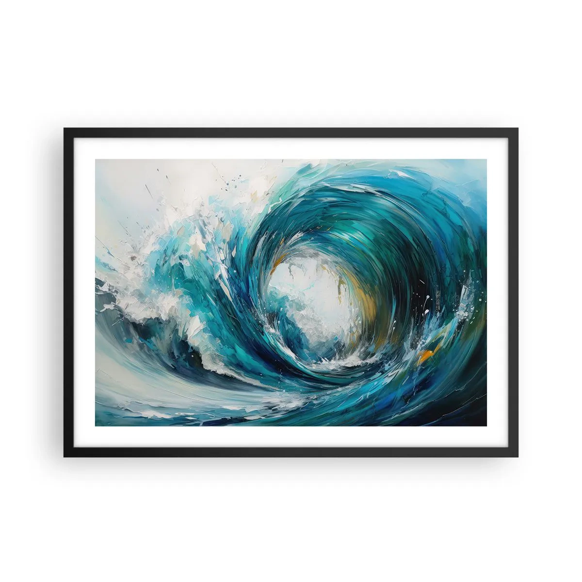 Plakat w czarnej ramie - Dynamiczna fala w odcieniach błękitu i turkusu - 70x50cm - Morski portal - Nowoczesna dekoracja ścienna do salonu i sypialni ARTTOR