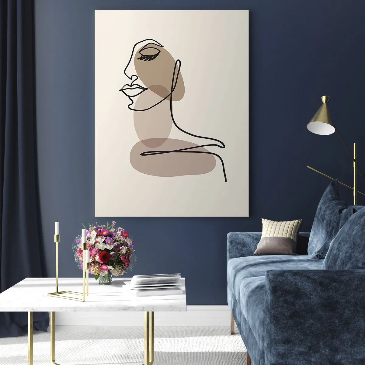 Obraz na szkle - Portret kobiecej twarzy w minimalistycznym, abstrakcyjnym stylu - 50x70cm - Zasłuchana w siebie - Nowoczesna dekoracja ścienna do salonu, kuchni i sypialni ARTTOR