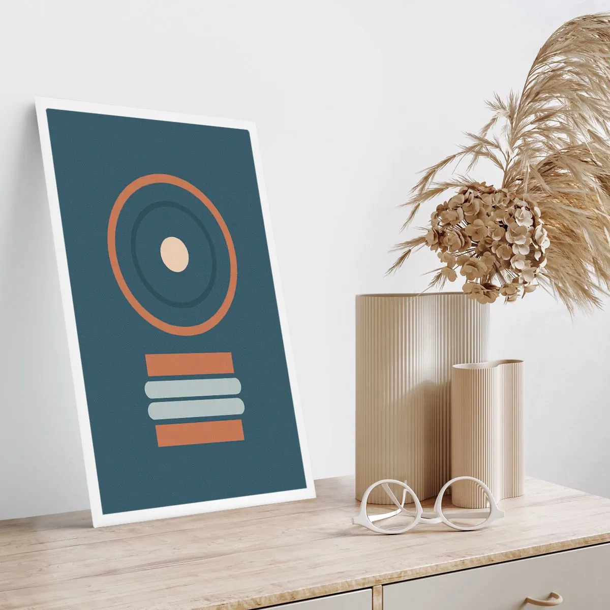 Plakat - Geometryczny wzór z kołem i prostokątami w odcieniach niebieskiego i brązu - 50x70cm - Istota rzeczy - Nowoczesna dekoracja ścienna do salonu, kuchni i sypialni ARTTOR
