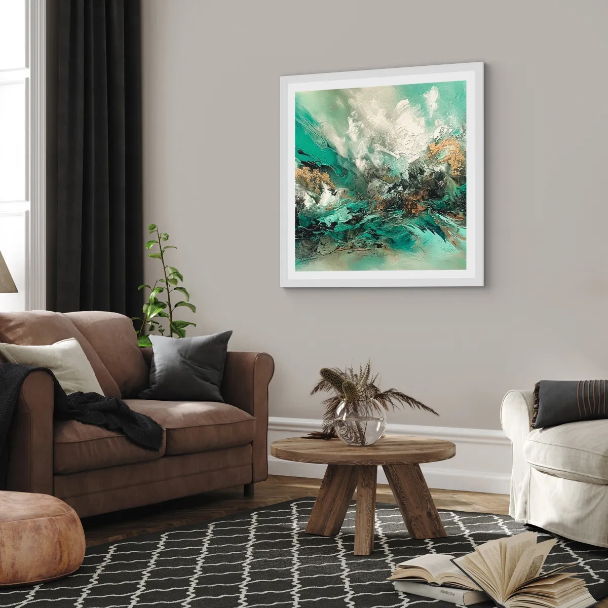 Plakat w białej ramie - Szmaragdowo-czarna kipiel - 40x40 cm