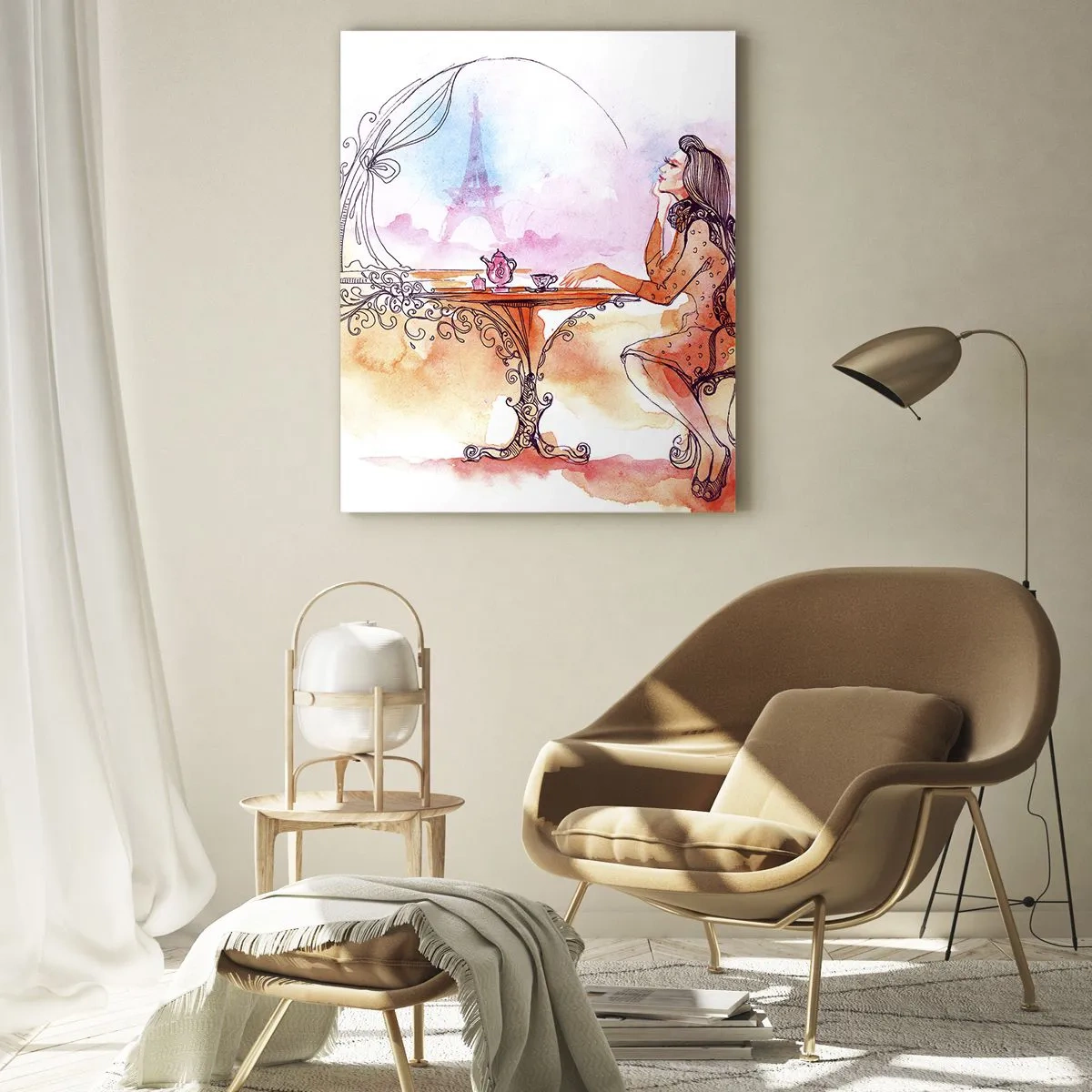 Obraz na szkle - Kobieta przy stoliku z widokiem na Wieżę Eiffla w pastelowej tonacji - 50x70cm - Paryski szyk - Nowoczesna dekoracja ścienna do salonu, kuchni i sypialni ARTTOR