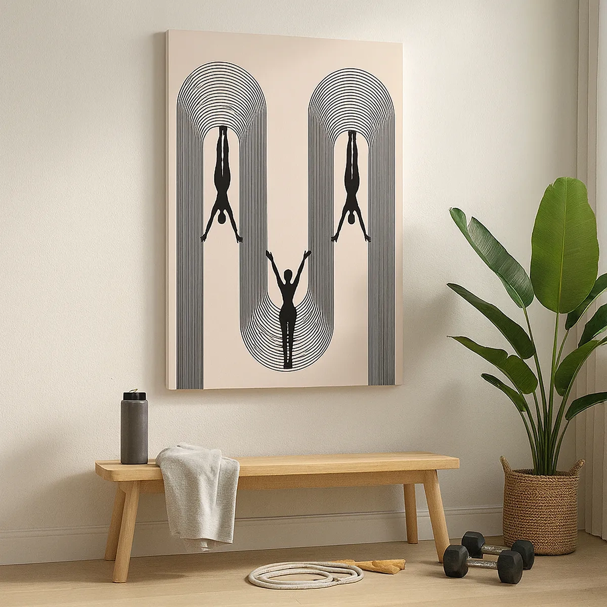 Obraz na płótnie - Czarne sylwetki postaci na tle geometrycznych łuków - 50x70cm - Do góry nogami - Nowoczesna dekoracja ścienna do salonu, kuchni i sypialni ARTTOR