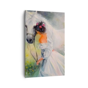 Obraz na płótnie - Kobieta z białym koniem w malowniczej scenerii - 80x120cm - Jak z pięknego snu - Nowoczesna dekoracja ścienna do salonu i sypialni ARTTOR