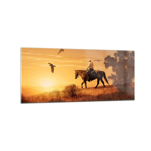 Obraz na szkle - Jezdziec na koniu o zachodzie słońca na tle prerii - 120x50cm - Samotnie przez prerię - Nowoczesna dekoracja ścienna do salonu i sypialni ARTTOR