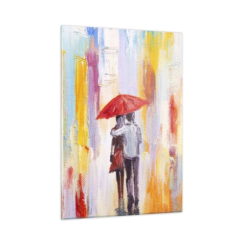 Obraz na szkle - Para trzymająca czerwony parasol w deszczu na tle kolorowej ulicy - 50x70cm - Niech pada dalej - Nowoczesna dekoracja ścienna do salonu, kuchni i sypialni ARTTOR