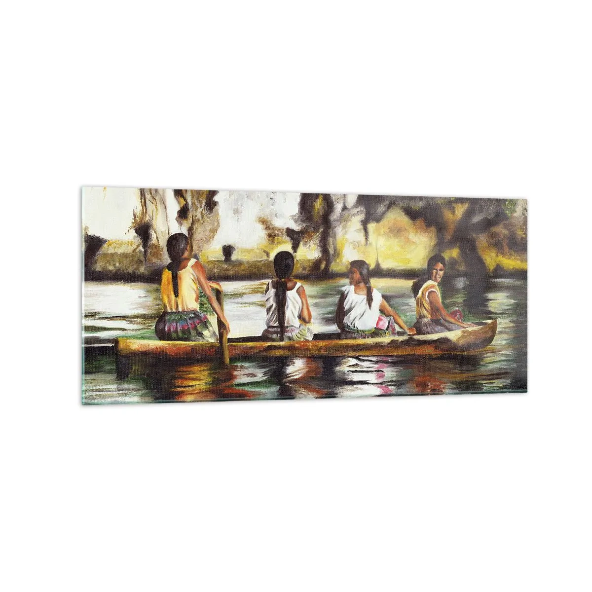 Obraz na szkle - Kobiety w łodzi na spokojnej rzece z malowniczym tłem - 120x50cm - W polinezyjskim raju - Nowoczesna dekoracja ścienna do salonu i sypialni ARTTOR