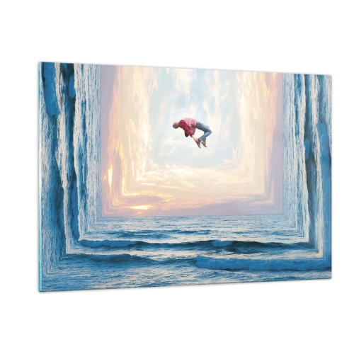 Obraz na szkle - Mężczyzna wykonujący skok nad morzem w surrealistycznej ramie - 120x80cm - Do innego wymiaru - Nowoczesna dekoracja ścienna do salonu, kuchni i sypialni ARTTOR