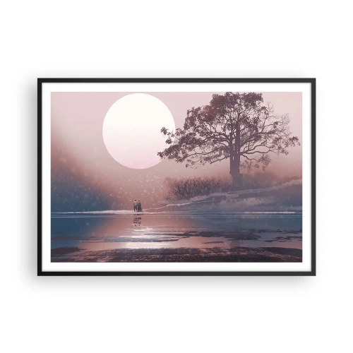 Plakat w czarnej ramie - Romantyczna scena z księżycem i drzewem nad wodą - 100x70cm - Nocne dziwy - Nowoczesna dekoracja ścienna do salonu i sypialni ARTTOR