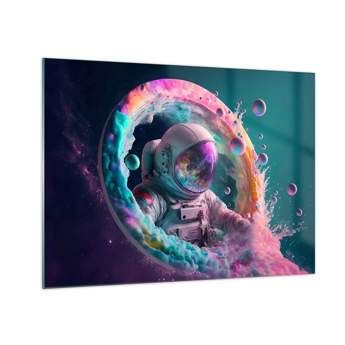 Obraz na szkle - Astronauta w kolorowej przestrzeni kosmicznej - 70x50cm - Gwiezdne wrota - Nowoczesna dekoracja ścienna do salonu i sypialni ARTTOR