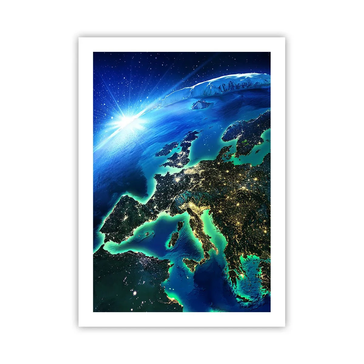 Plakat - Widok na Europę z kosmosu oświetloną nocnymi światłami - 50x70cm - Roziskrzona Europa - Nowoczesna dekoracja ścienna do salonu, kuchni i sypialni ARTTOR