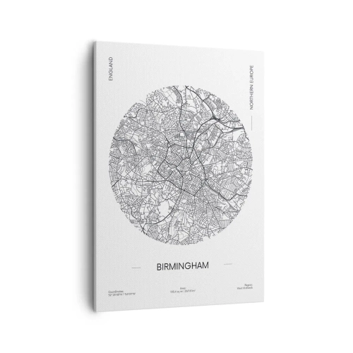 Obraz na płótnie - Minimalistyczna mapa Birmingham w czarno-białej stylistyce - 50x70cm - Anatomia Birmingham - Nowoczesna dekoracja ścienna do salonu, kuchni i sypialni ARTTOR