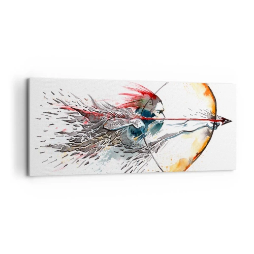 Obraz na płótnie - Dynamiczna akwarela wojownika z łukiem i strzałą - 120x50cm - Mityczny wojownik z ognistym łukiem - Nowoczesna dekoracja ścienna do salonu i sypialni ARTTOR