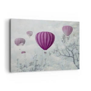 Obraz na płótnie - Fioletowe balony unoszące się nad drzewami w chmurach - 120x80cm - Jak statki na niebie - Nowoczesna dekoracja ścienna do salonu, kuchni i sypialni ARTTOR
