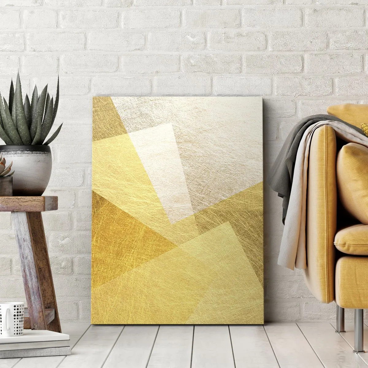 Obraz na płótnie - Nowoczesna abstrakcja geometryczna w złotych i beżowych odcieniach - 50x70cm - Pogoda geometrii - Nowoczesna dekoracja ścienna do salonu, kuchni i sypialni ARTTOR