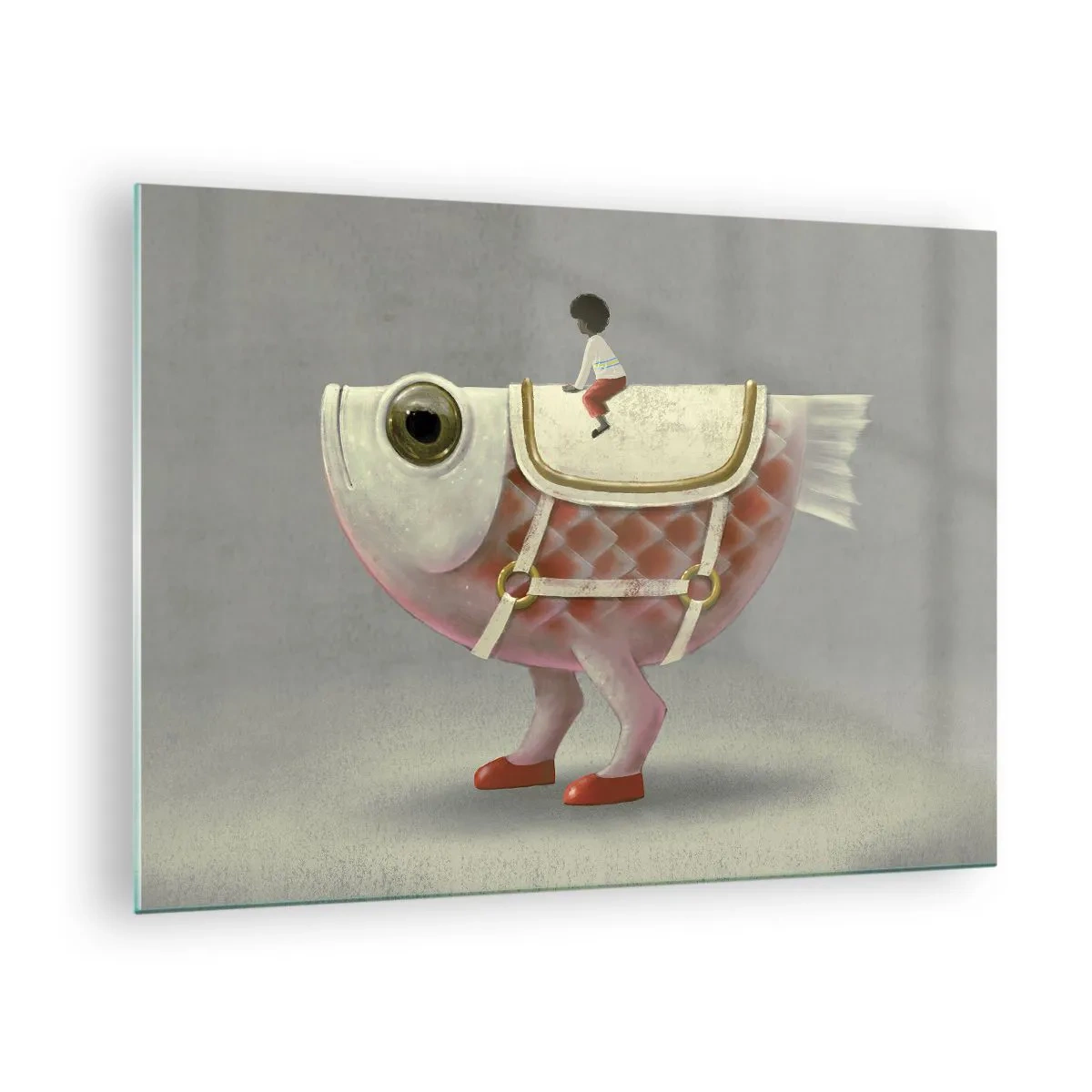 Obraz na szkle - Postać jadąca na różowej rybie z nogami i siodłem - 70x50cm - Ryboński jeździec - Nowoczesna dekoracja ścienna do salonu i sypialni ARTTOR
