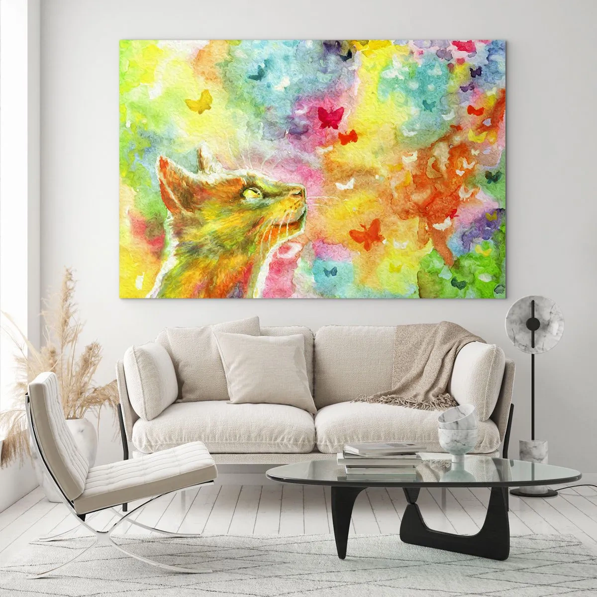 Obraz na szkle - Kot obserwujący kolorowe motyle w pastelowym tle - 70x50cm - Baju-baju w kocim raju - Nowoczesna dekoracja ścienna do salonu i sypialni ARTTOR