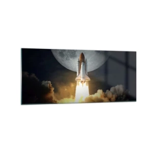 Obraz na szkle - Rakieta startująca na tle pełni księżyca w otoczeniu dynamicznych chmur - 120x50cm - Początek nieziemskiej przygody - Nowoczesna dekoracja ścienna do salonu i sypialni ARTTOR