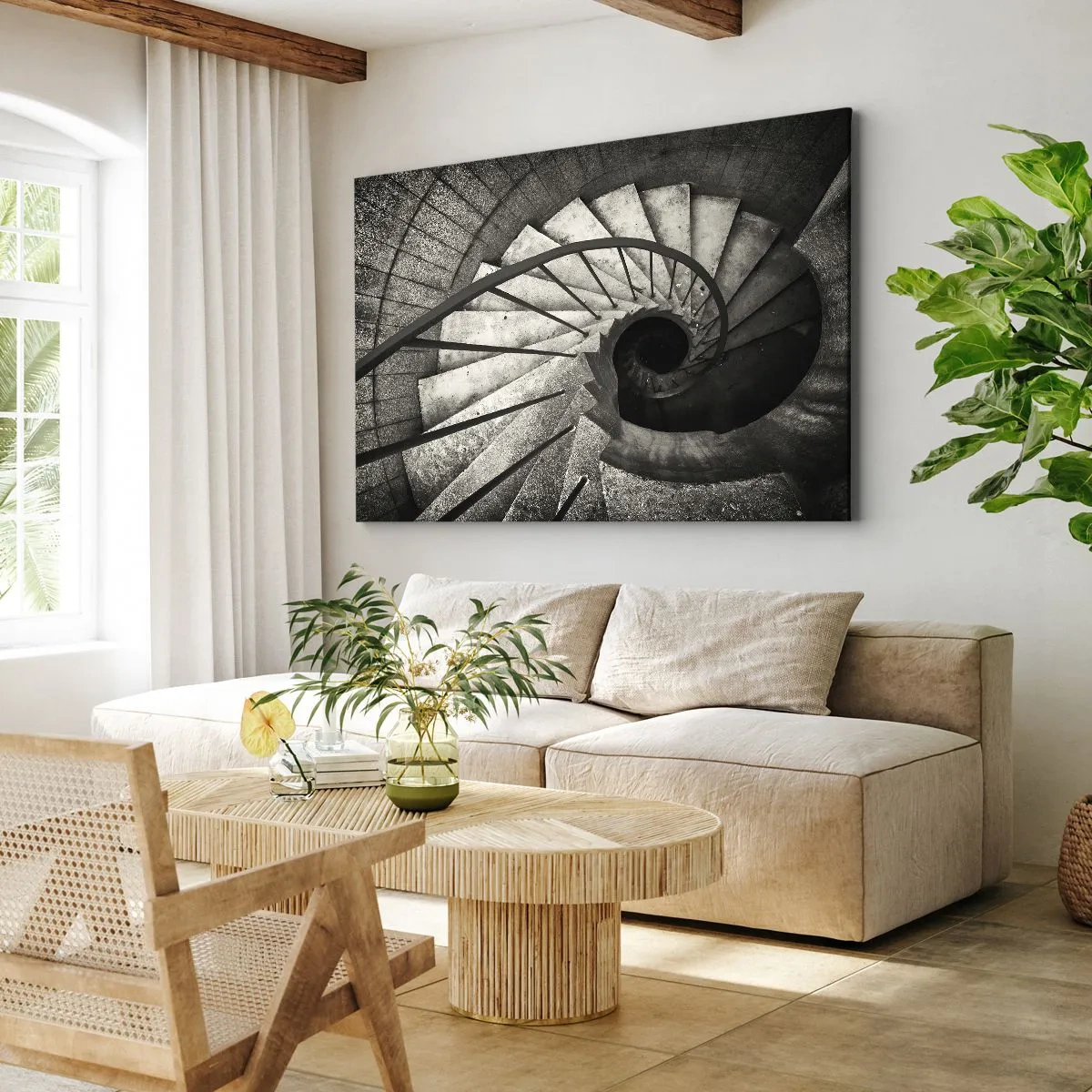 Obraz na płótnie - Czarno-białe spiralne schody w nowoczesnym stylu - 70x50cm - Schodami w górę, schodami w dół - Nowoczesna dekoracja ścienna do salonu i sypialni ARTTOR