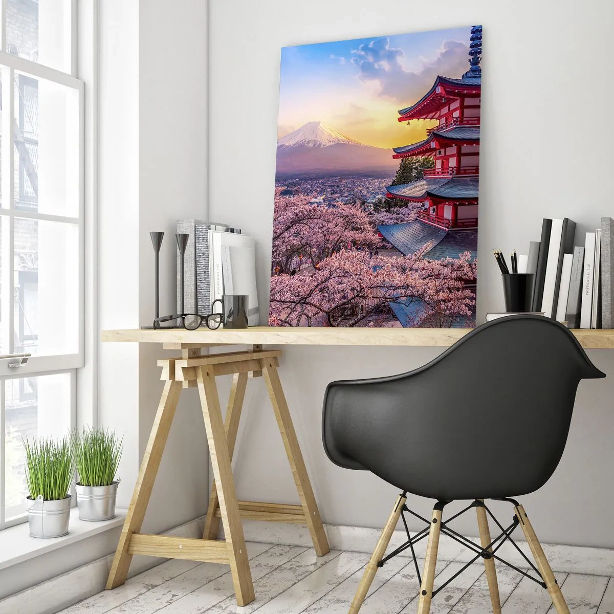 Obraz na szkle - Pagoda w Japonii z kwitnącymi wiśniami i górą Fuji - 70x100cm - Esencja japońskiego ducha - Nowoczesna dekoracja ścienna do salonu i sypialni ARTTOR