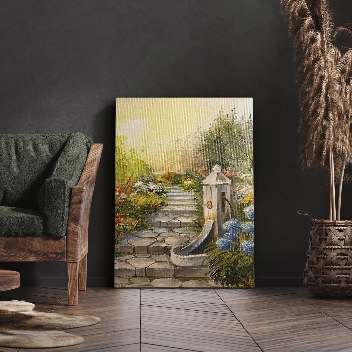 Obraz na płótnie - Malowniczy ogród z fontanną i kolorowymi kwiatami - 80x120cm - W pełnym rozkwicie - Nowoczesna dekoracja ścienna do salonu i sypialni ARTTOR