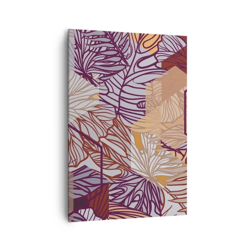 Obraz na płótnie - Dekoracyjny wzór liści tropikalnych w odcieniach fioletu, pomarańczu i beżu - 70x100cm - Związek niemozliwy geometrii i natury - Nowoczesna dekoracja ścienna do salonu i sypialni ARTTOR