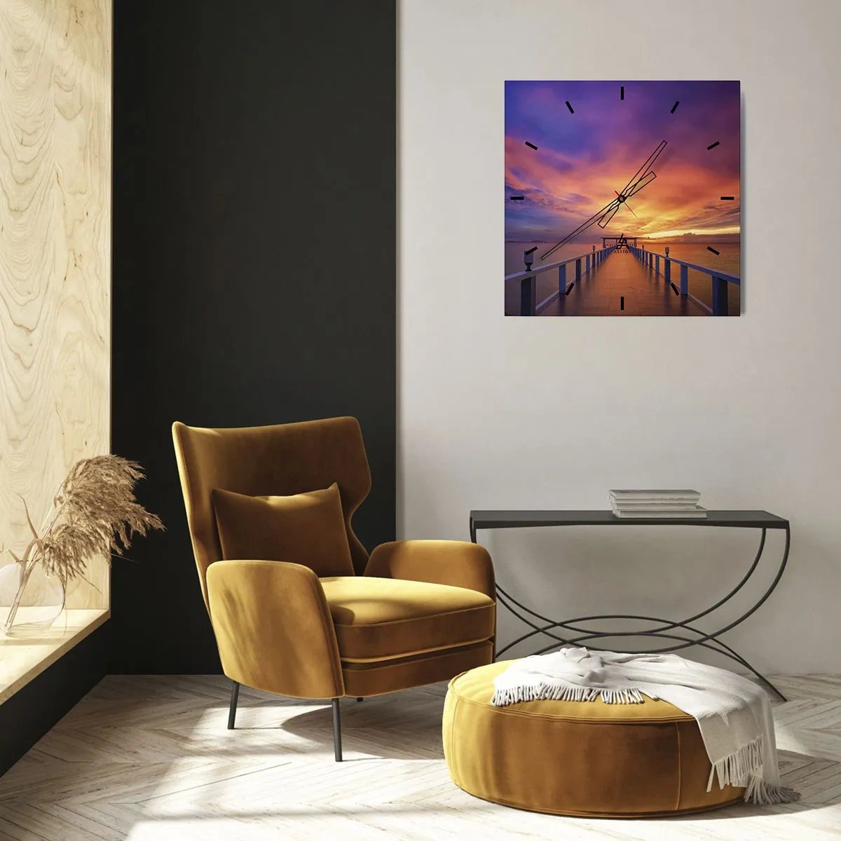 Zegar ścienny - Pomost prowadzący w morze podczas zachodu słońca - 30x30cm - Bez końca - Nowoczesna dekoracja ścienna do salonu i sypialni ARTTOR