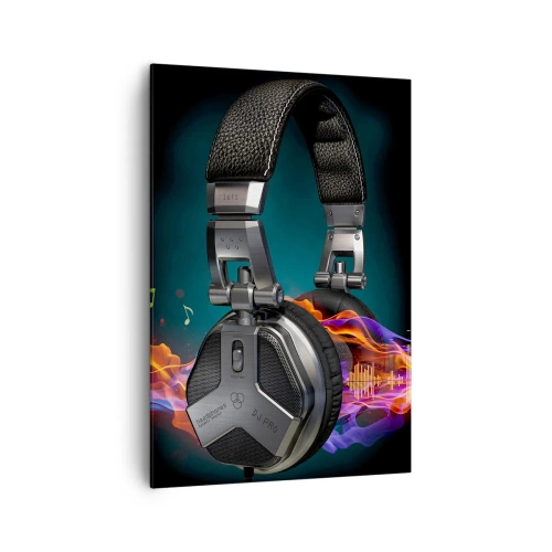 Obraz na płótnie - Czarne słuchawki z efektem kolorowej muzycznej wizualizacji - 70x100cm - W ogniu muzyki - Nowoczesna dekoracja ścienna do salonu i sypialni ARTTOR