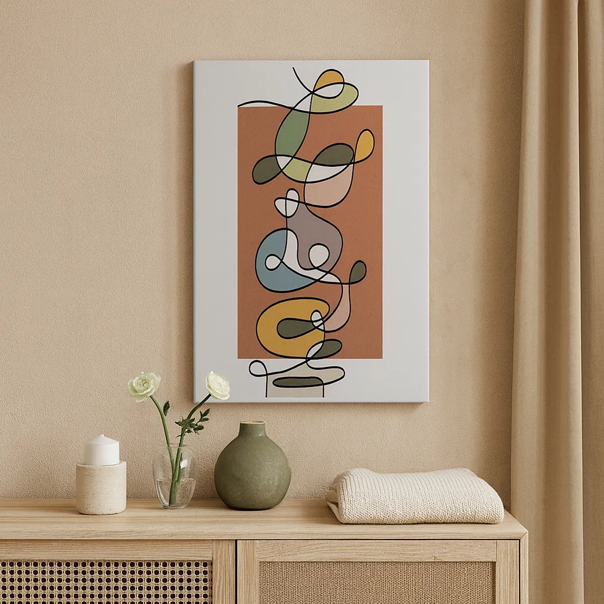 Obraz na płótnie - Kompozycja abstrakcyjnych linii i kształtów w harmonijnych kolorach ziemi - 50x70cm - Abstrakcja: kolorowy pląs - Nowoczesna dekoracja ścienna do salonu, kuchni i sypialni ARTTOR