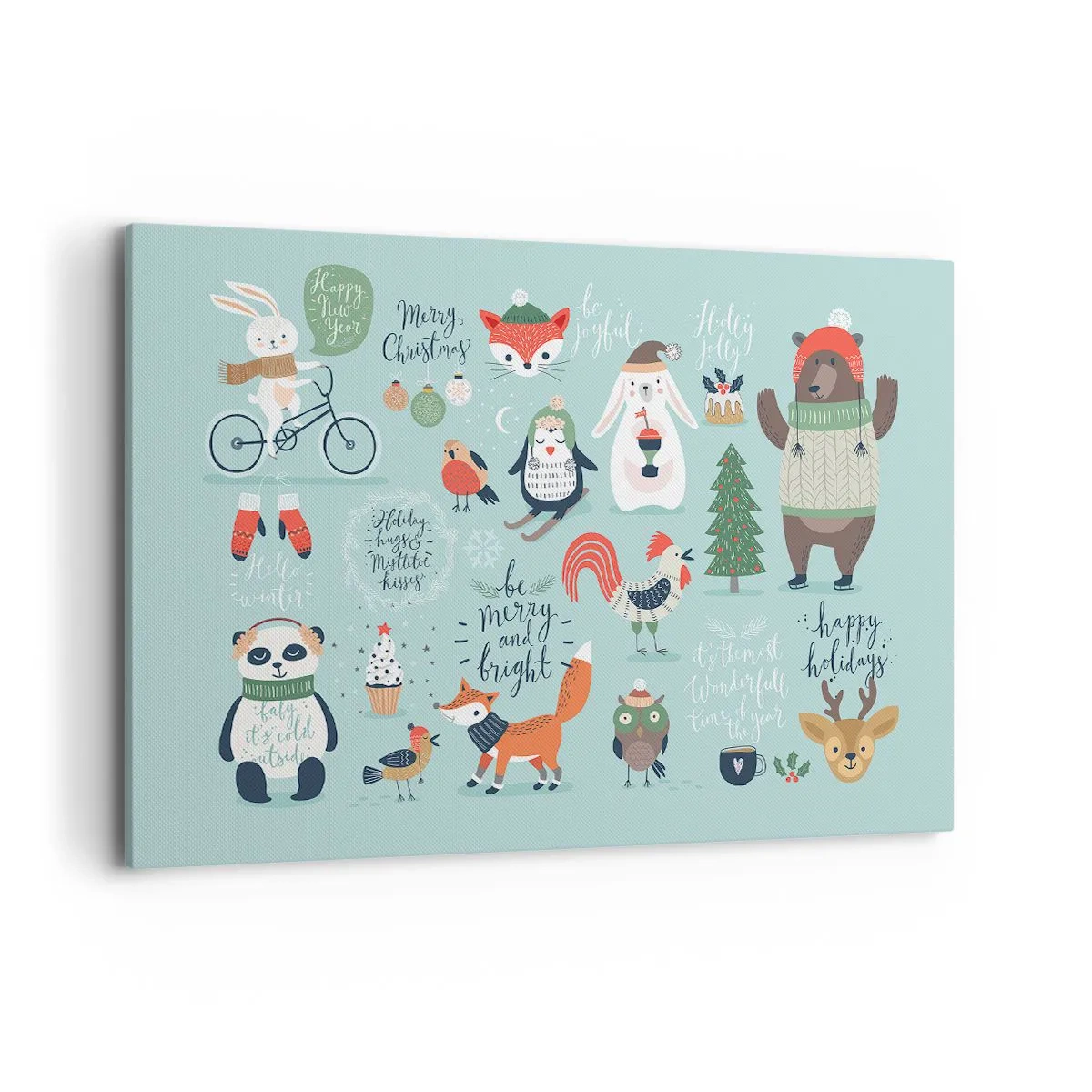Obraz na płótnie - Świąteczna ilustracja zwierząt w zimowym klimacie - 120x80cm - Niech zawsze już będą święta! - Nowoczesna dekoracja ścienna do salonu, kuchni i sypialni ARTTOR