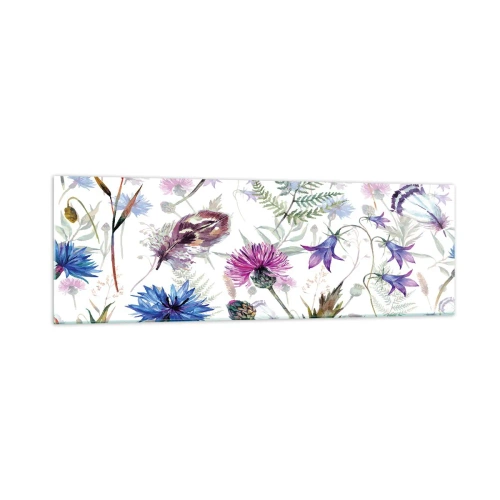 Obraz na szkle - Akwarelowe kwiaty i zioła na białym tle w stylu zielnika - 160x50cm - Polski zielnik - Nowoczesna dekoracja ścienna do salonu i sypialni ARTTOR