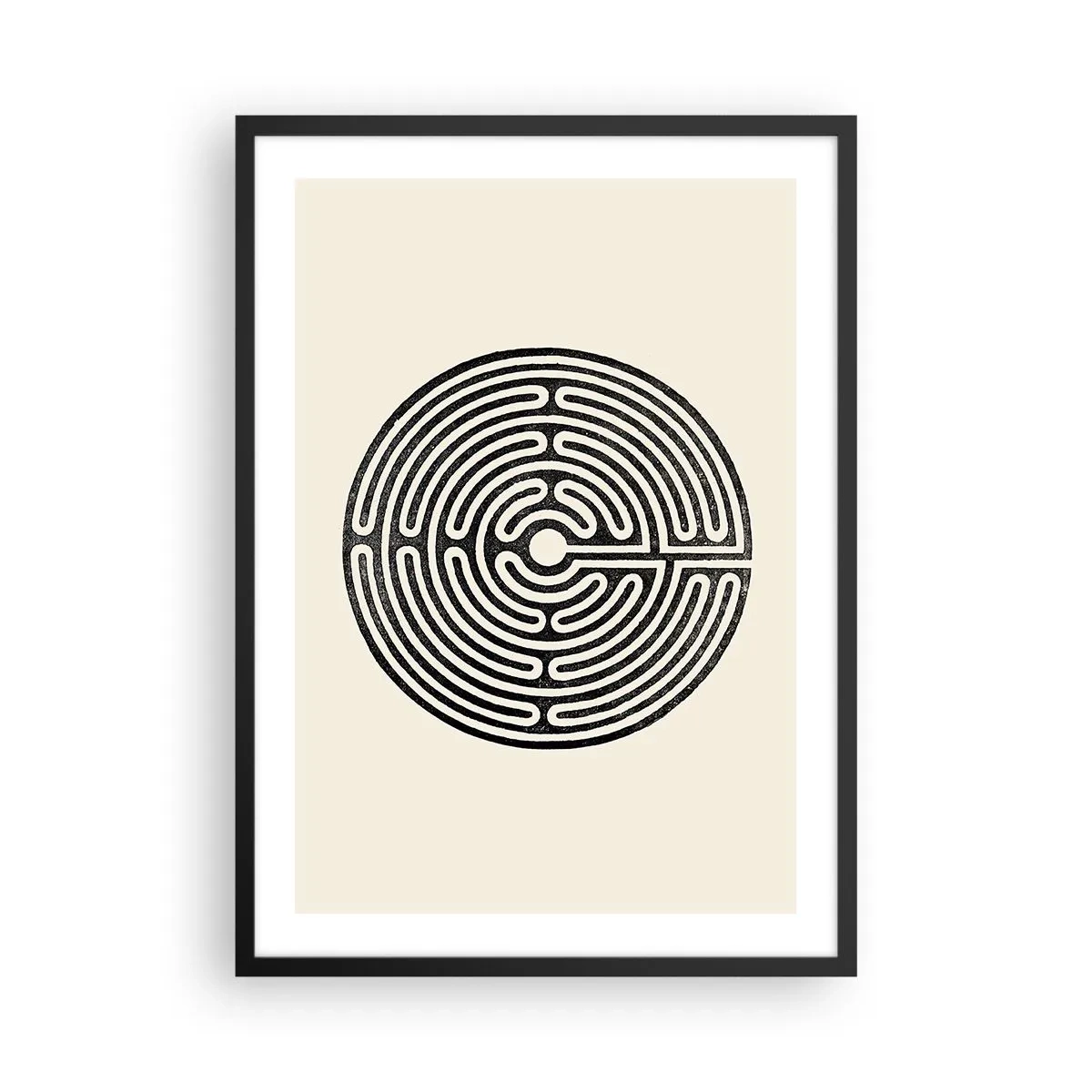 Plakat w czarnej ramie - Minimalistyczny czarno-biały labirynt na jasnym tle - 50x70cm - Tajemniczy porządek - Nowoczesna dekoracja ścienna do salonu i sypialni ARTTOR