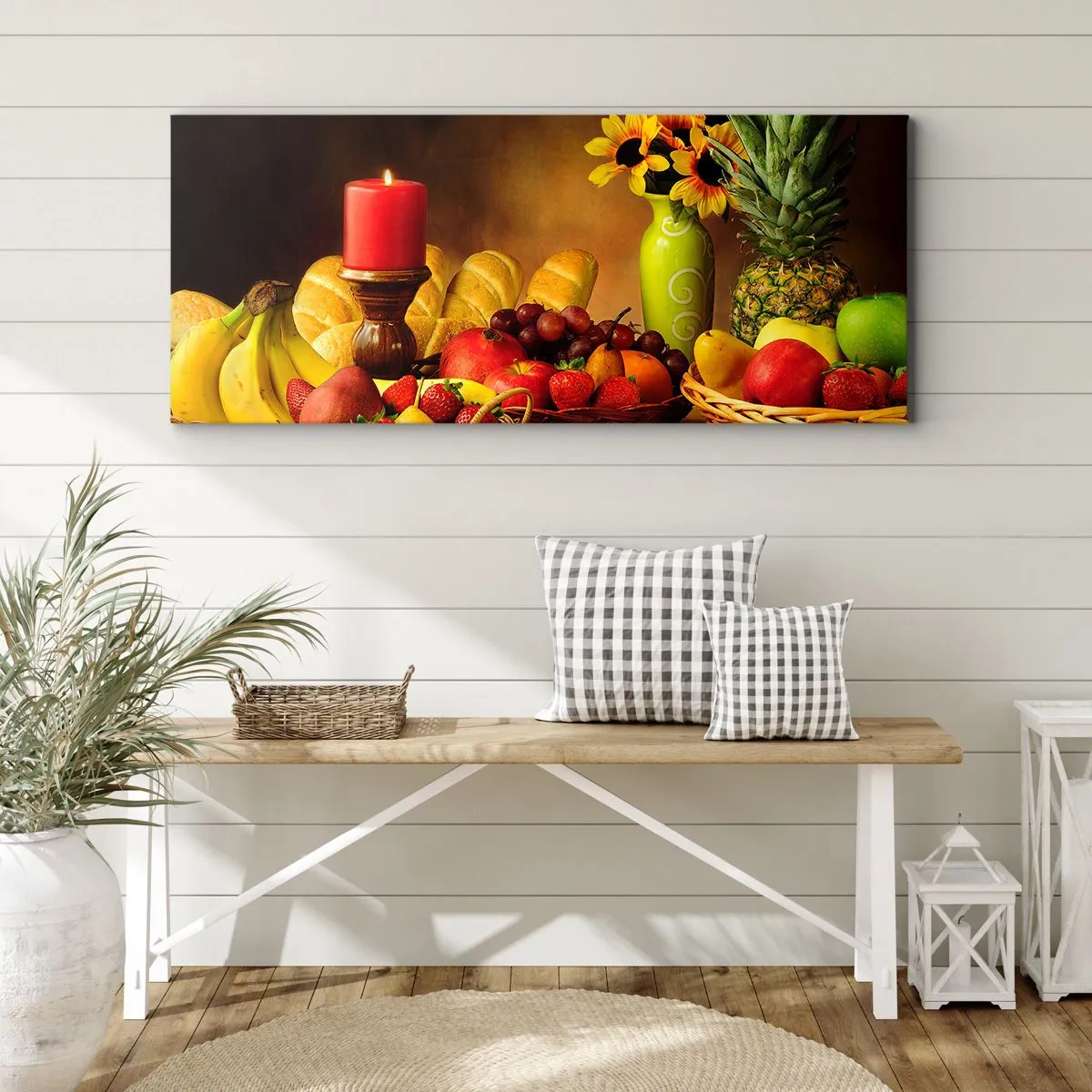 Obraz na płótnie - Martwa natura z owocami, chlebem, świecą i kwiatami - 140x50cm - Martwa natura z pieczywem i owocami - Nowoczesna dekoracja ścienna do salonu i sypialni ARTTOR