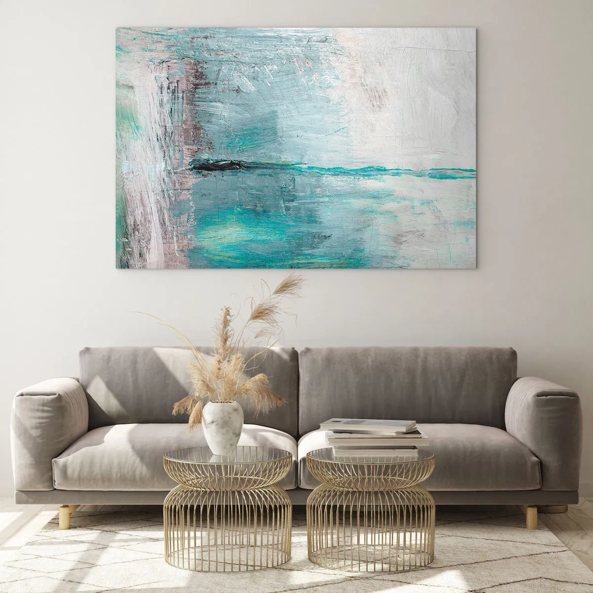 Obraz na szkle - Abstrakcyjna kompozycja w odcieniach błękitu i szarości - 70x50cm - Horyzontalnie w błękicie - Nowoczesna dekoracja ścienna do salonu i sypialni ARTTOR