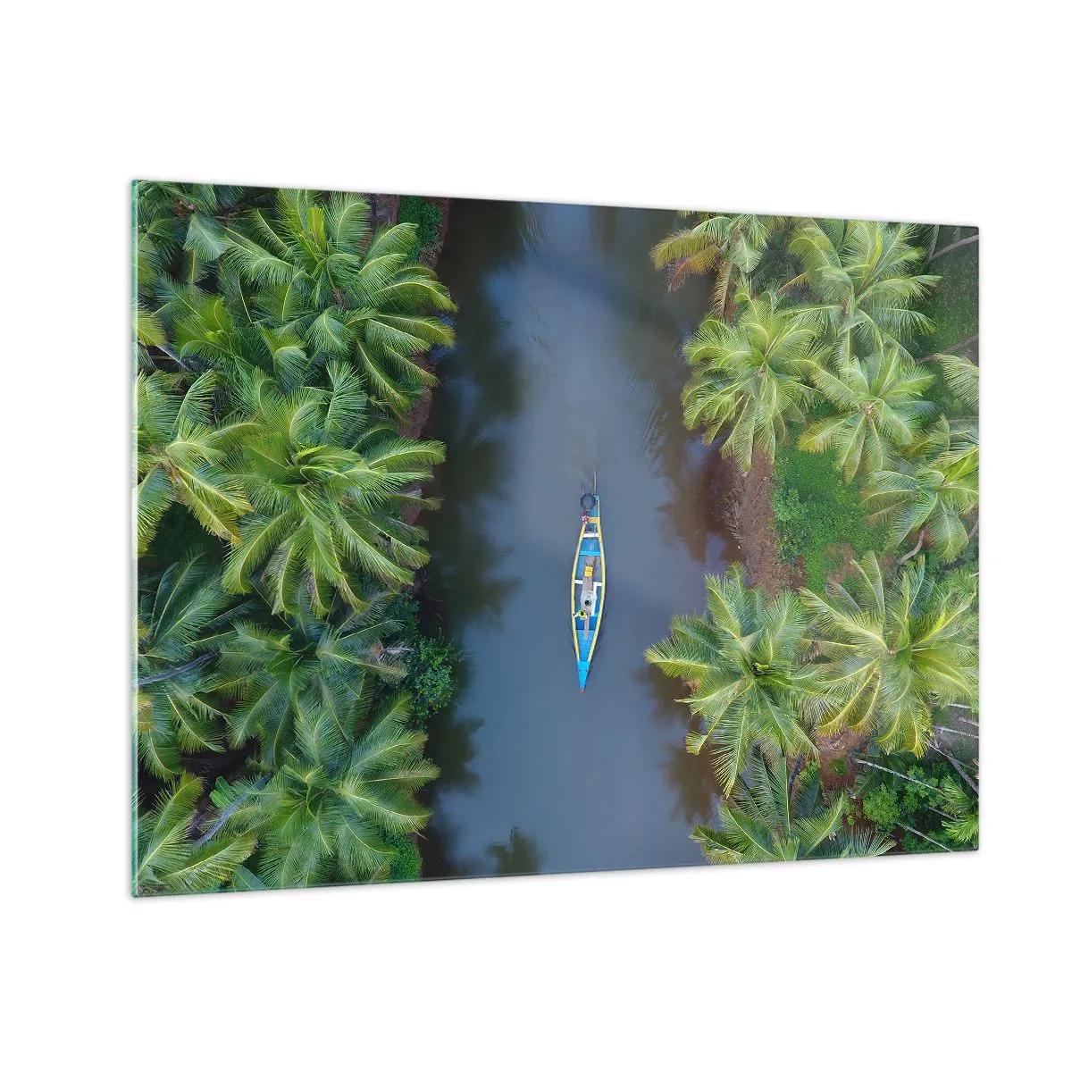 Obraz na szkle - Łódź płynąca kanałem wśród tropikalnych palm z lotu ptaka - 70x50cm - Na tropikalnym szlaku - Nowoczesna dekoracja ścienna do salonu i sypialni ARTTOR