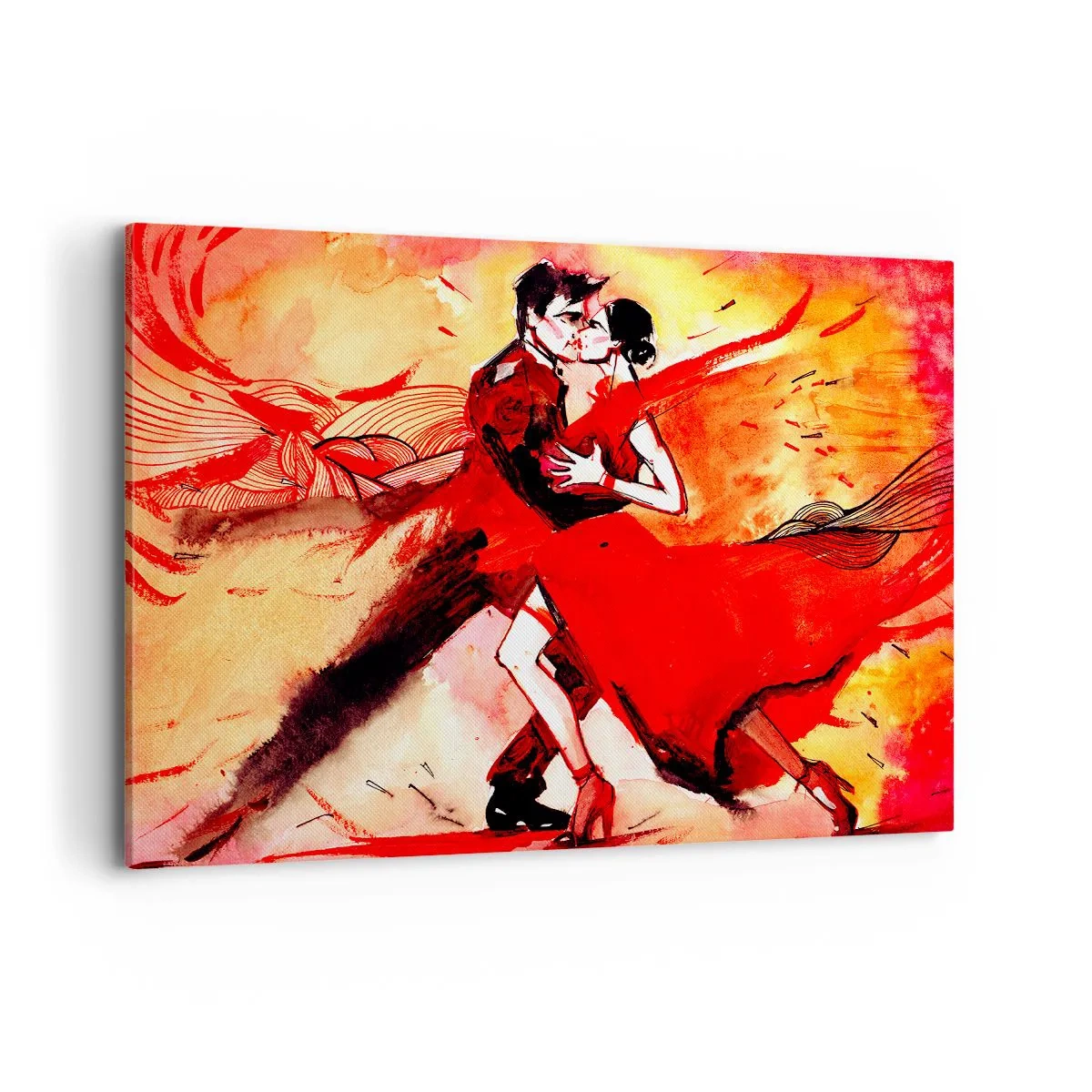 Obraz na płótnie - Para tańcząca tango w czerwonych tonacjach na dynamicznym tle - 120x80cm - Purpurowy rytm namiętności - Nowoczesna dekoracja ścienna do salonu, kuchni i sypialni ARTTOR