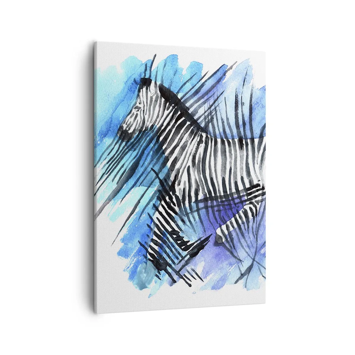 Obraz na płótnie - Abstrakcyjna zebra w odcieniach czerni, bieli i niebieskiego, malowana akwarelą - 50x70cm - Ukryta w paskach - Nowoczesna dekoracja ścienna do salonu, kuchni i sypialni ARTTOR