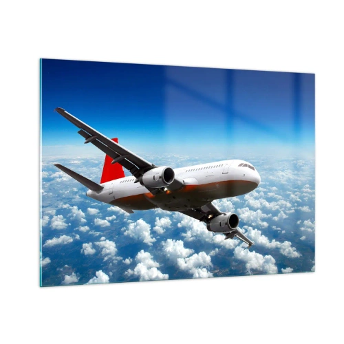 Obraz na szkle - Samolot pasażerski lecący ponad chmurami na tle błękitnego nieba - 100x70cm - Oderwij się od tego wszystkiego - Nowoczesna dekoracja ścienna do salonu, kuchni i sypialni ARTTOR
