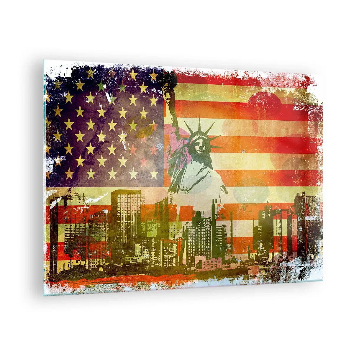 Obraz na szkle - Flaga USA z sylwetką Statuy Wolności i miejskim krajobrazem - 70x50cm - Viva America! - Nowoczesna dekoracja ścienna do salonu i sypialni ARTTOR