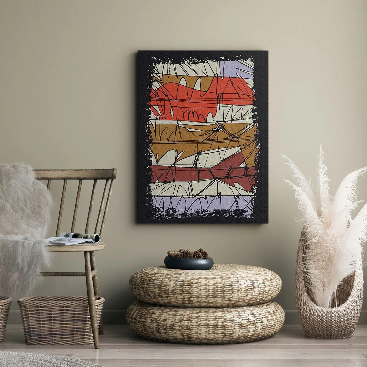 Obraz na płótnie - Abstrakcyjna kompozycja z dynamicznymi liniami i geometrycznymi polami w ciepłych barwach - 50x70cm - Kompozycja spontaniczna - Nowoczesna dekoracja ścienna do salonu, kuchni i sypialni ARTTOR