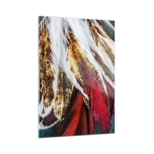 Obraz na szkle - Kolorowe pióra w bogatej palecie barw z wyraźną teksturą - 50x70cm - Tajemnice lotu - Nowoczesna dekoracja ścienna do salonu, kuchni i sypialni ARTTOR