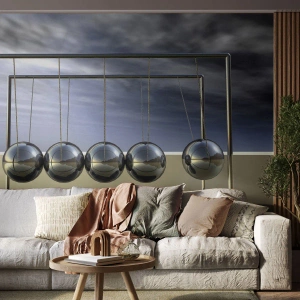 Fototapeta Premium Canvas - Kule Newtona w minimalistycznym otoczeniu z refleksami światła - 100x70cm - Energia świata - Nowoczesna dekoracja ścienna do salonu i sypialni ARTTOR