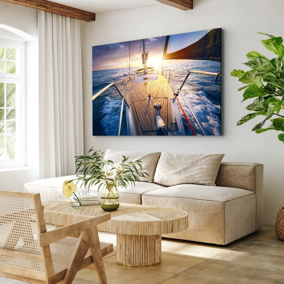 Obraz na płótnie - Jacht na morzu podczas zachodu słońca - 70x50cm - Biegnąca po falach - Nowoczesna dekoracja ścienna do salonu i sypialni ARTTOR