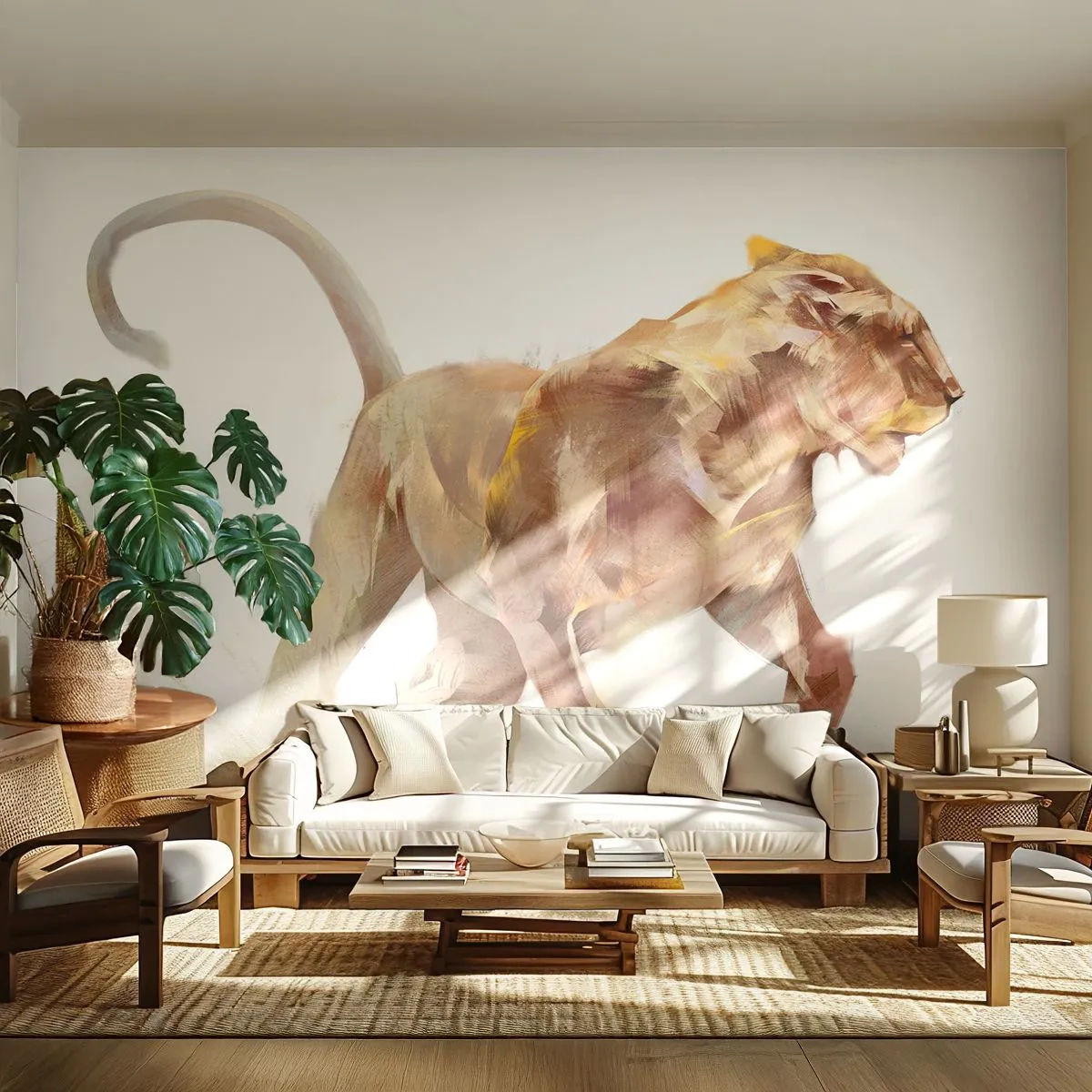 Fototapeta Premium Sand - Artystyczna ilustracja biegnącej lwicy - 100x70cm - Dzika gracja - Nowoczesna dekoracja ścienna do salonu, kuchni i sypialni ARTTOR