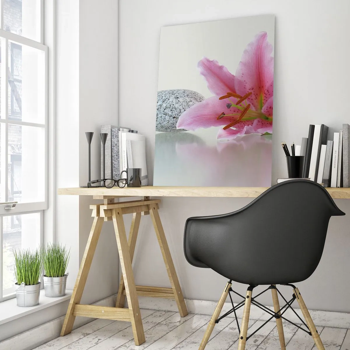 Obraz na szkle - Różowa lilia na tle białych kamieni w stylu spa - 50x70cm - Studium w różu, szarości i bieli - Nowoczesna dekoracja ścienna do salonu, kuchni i sypialni ARTTOR