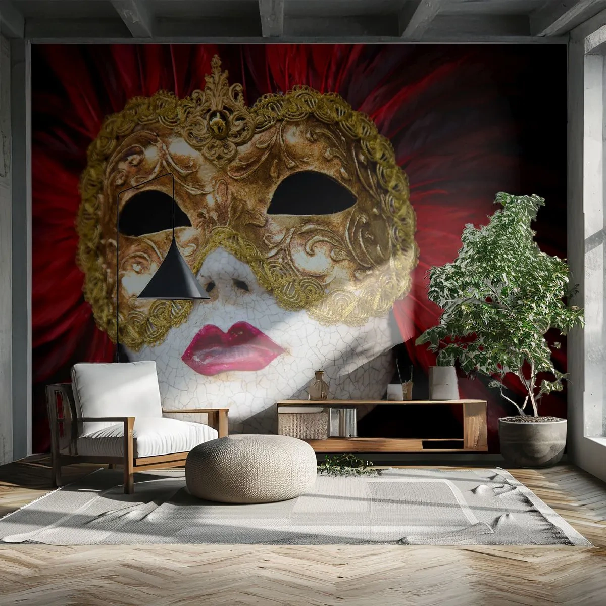 Fototapeta Premium Sand - Złota maska wenecka z czerwonymi piórami - 100x70cm - Obietnica karnawałowej przygody - Nowoczesna dekoracja ścienna do salonu, kuchni i sypialni ARTTOR