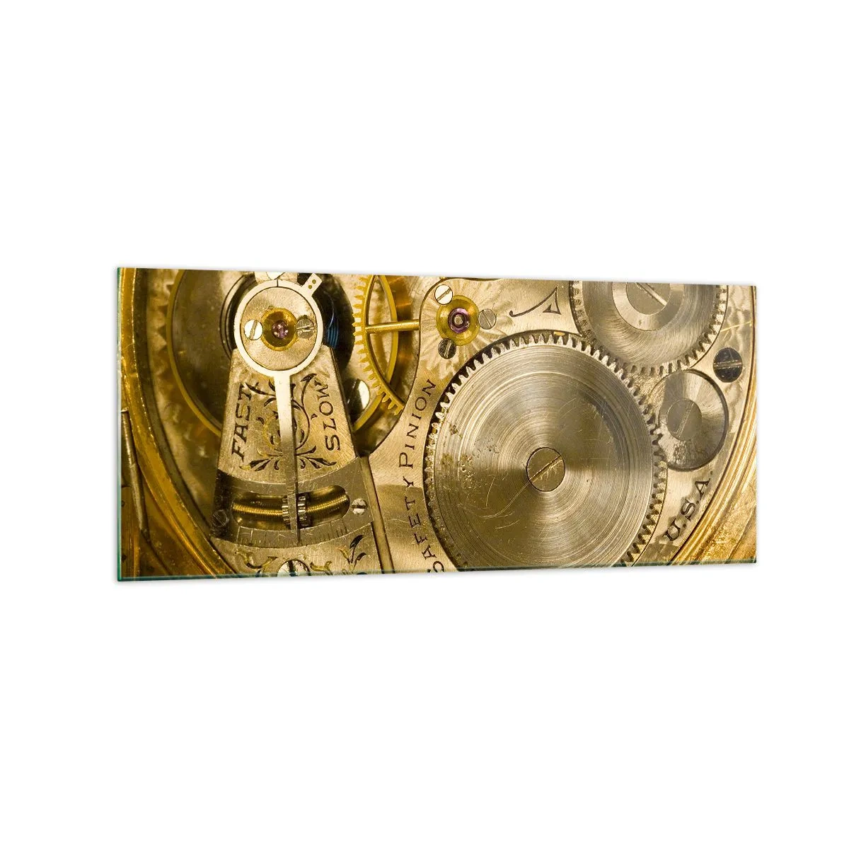 Obraz na szkle - Mechanizm zegarka z widocznymi zębatkami i detalami - 120x50cm - Idź z duchem czasu - Nowoczesna dekoracja ścienna do salonu i sypialni ARTTOR
