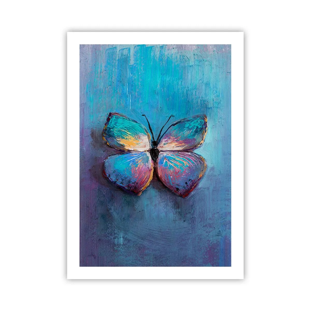 Plakat - Motyl w intensywnych barwach na niebieskim tle - 50x70cm - W pełnej krasie - Nowoczesna dekoracja ścienna do salonu, kuchni i sypialni ARTTOR